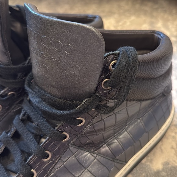 Jimmy Choo Belgravia Black Croc Embossed Leather High Top Sneakers Size EU 48 - Picture 6 of 11